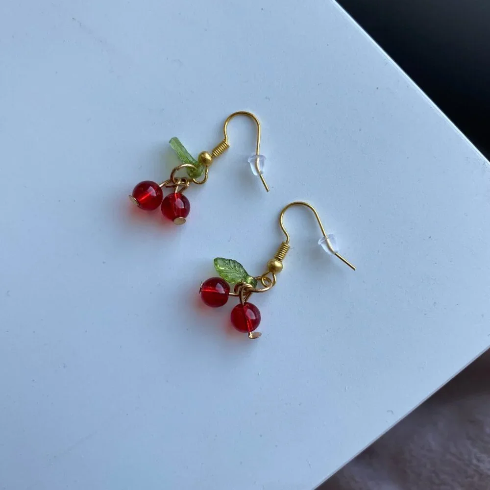 Cherry Earrings GOLD STAINLESS STEEL Cute Kawaii Fruit Jewelry - Picture 6 of 7